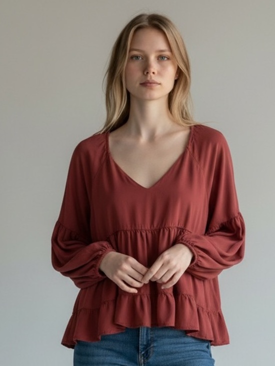 ANDREE BY UNIT Tops - Andree by Unit mauve, tiered, v-neck long-sleeve blouse. Size L.